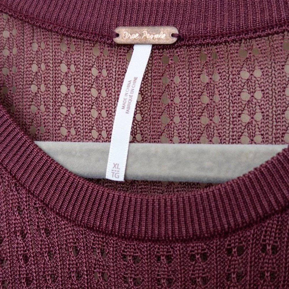 Free People H2O Crew Pullover Sheer Long Sleeve Top XL Burgundy Open Knit Layer